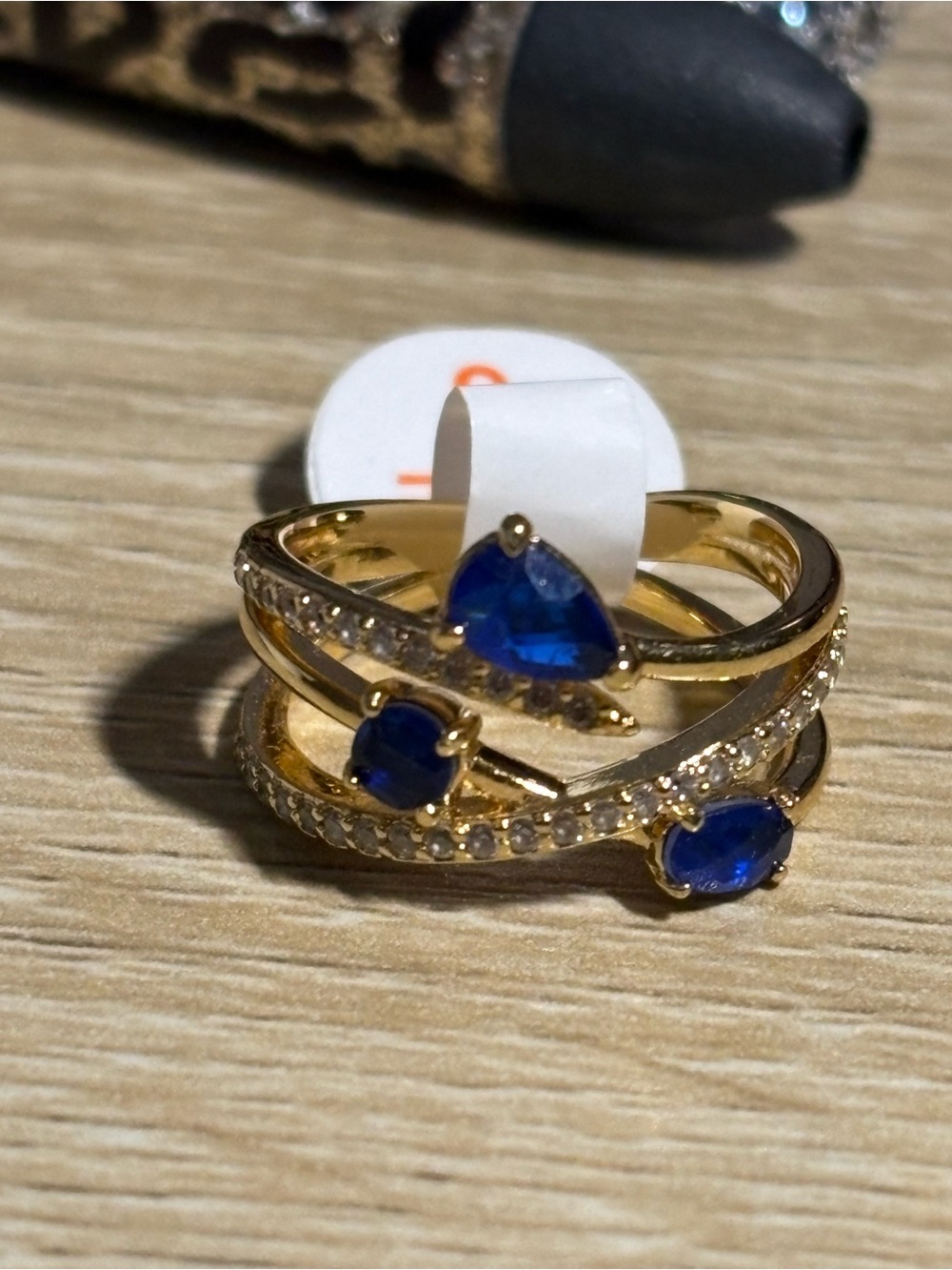 Gold Tone Blue & Clear Stone Wrap Ring โ Size 6